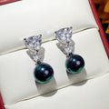 Silver Triangle Clear Stone Peacock Pearl Drop Earrings view 4
