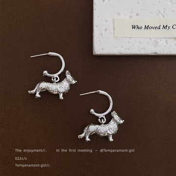 Silver-Tone Textured Corgi Dog Charm Huggie Hoop Earrings