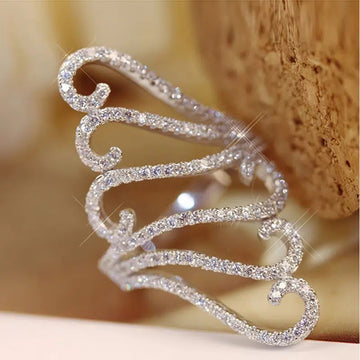 White Metal Long Wave Scroll Openwork Pave Cocktail Ring