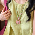 Pink Apple Pendant Beaded Cord Necklace with Green Accents view 1