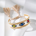 Wide Woven Daisy and Evil Eye Adjustable Tassel Bracelets view 3