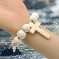 Natural White Wood Bead Crucifix Stretch Bracelet Charms view 2