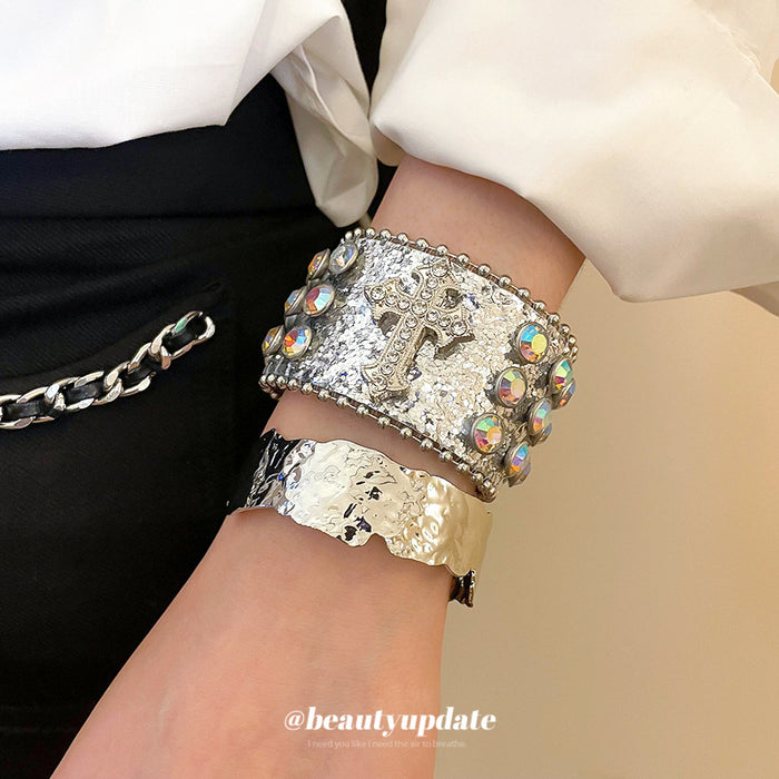 Silver Hammered Cuff and Crystal Cross Leather Bracelet