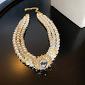 Gold Three Row Pearl Crystal Rhinestone Center Choker Necklace view 6