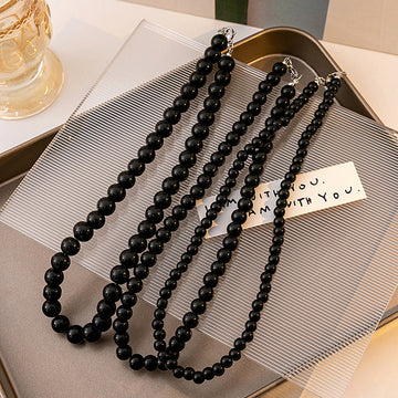 Black Pearl Look Round Bead Strand Necklace in Two Sizes