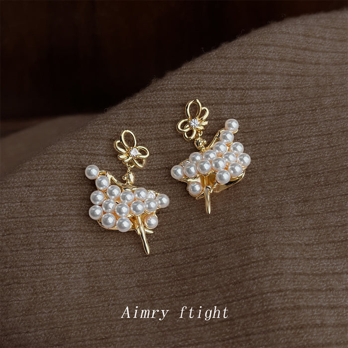Gold Pearl Ballet Girl Bow Figure Drop Stud Earrings