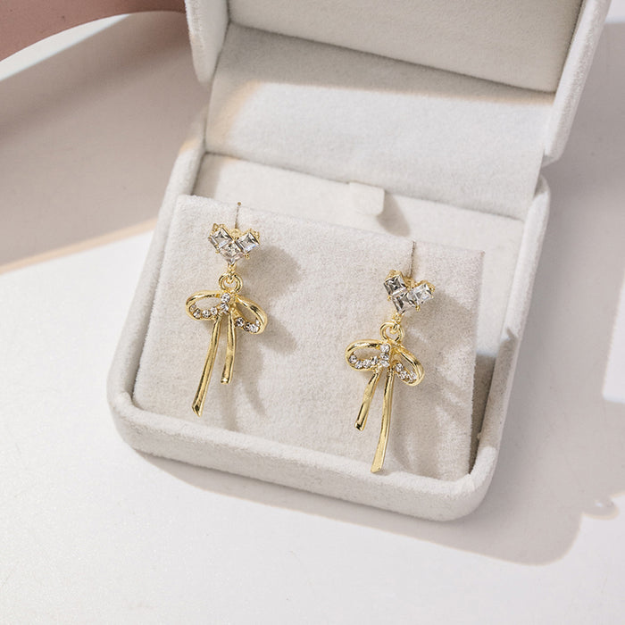 Gold Heart Crystal Stud Bow Drop Earrings with Rhinestones