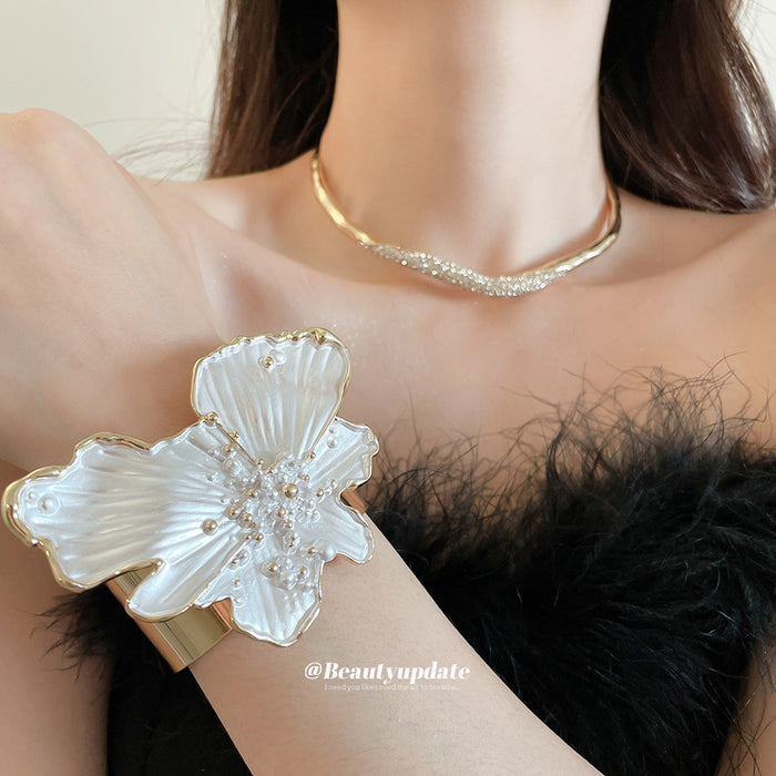 Gold White Enamel Flower Cuff And Rhinestone Collar