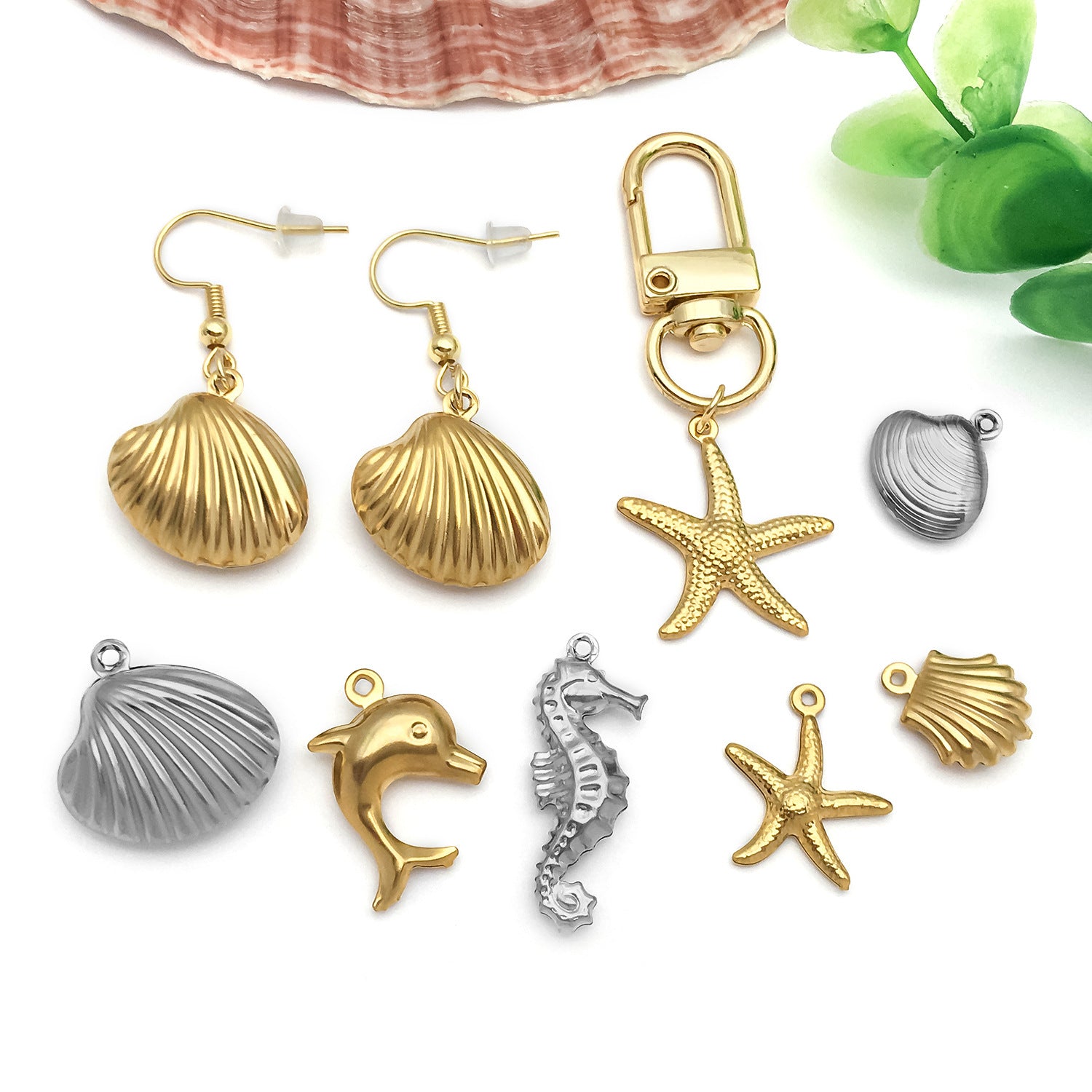 Stainless Steel Seahorse Dolphin Starfish Shell ocean charm pendants for DIY bracelets