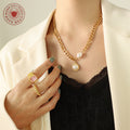 Gold Curb Chain Pearl Pendant Necklace Round Bezel Drop view 3