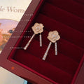 Cream Camellia Enamel Pearl Stud Dual Crystal Tassel Earrings view 4