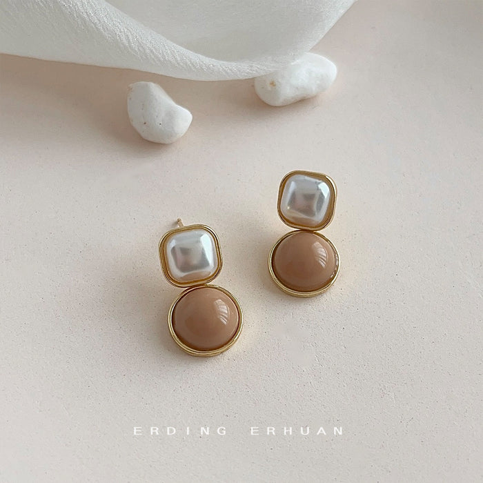 Gold Square Pearl Round Latte Cabochon Drop Earrings