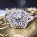 Square Crystal Double Halo Ring With Slim Band in Silver Tone view 4