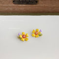 Yellow Enamel Flower Stud Earrings Purple Bud Leaf view 2