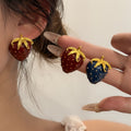 Red and Navy Strawberry Gold Tone Statement Stud Earrings view 1