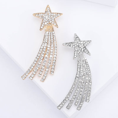Two colorways of crystal shooting star brooch shown side by side.