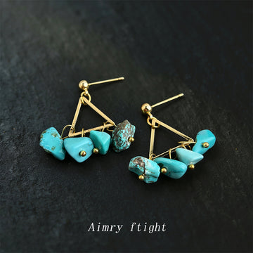 Gold Triangle Frame Turquoise Chip Stone Drop Earrings