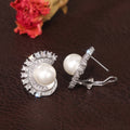 Silver Tone Pearl Halo Crystal Round Stud Earrings view 3