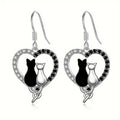 Alloy Heart Drop Earrings, Black and Silver-Tone Cats, 37 mm view 3