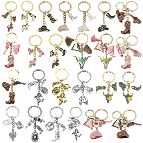 Catalog view of the pictured western cowboy hat boot horse and cactus keychain on a light background