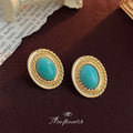 Gold Oval Turquoise Cabochon Stud Earrings Rope Twist Frame view 3