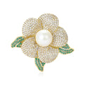 Gold Tone Pavé Camellia Flower Brooch Pearl or Yellow Center view 1