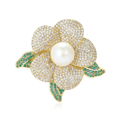 Gold camellia brooch white pearl center green crystal leaves