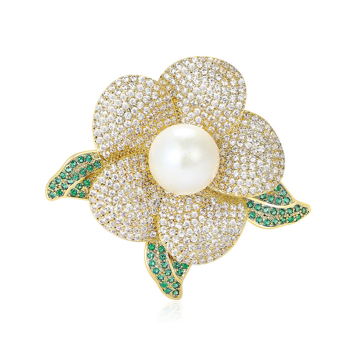 Gold Tone Pavé Camellia Flower Brooch Pearl or Yellow Center
