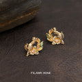 Gold Bird Floral Wreath Stud Green Clear CZ Earrings view 6