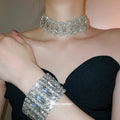 Openwork Crystal Choker Necklace Wide Silver Bracelet Styles view 4