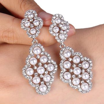 Silver Tone Pearl Cluster Ornate Drop Earrings Polished Metal Jewelry