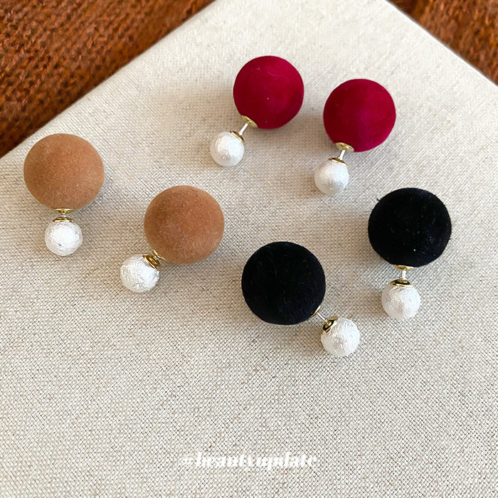 Velvet Disc and Pearl Drop Stud Earrings Statement Fashion Jewelry