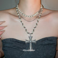 Double Strand Pearl Rhinestone Cross Pendant Necklace view 3
