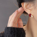 Wine Red Enamel Geometric Square Clear Zircon Stud Earrings view 2