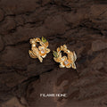 Gold Bird Floral Wreath Stud Green Clear CZ Earrings view 1