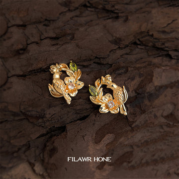 Gold Bird Floral Wreath Stud Green Clear CZ Earrings