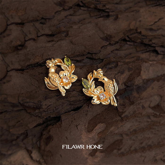 Gold Bird Floral Wreath Stud Green Clear CZ Earrings