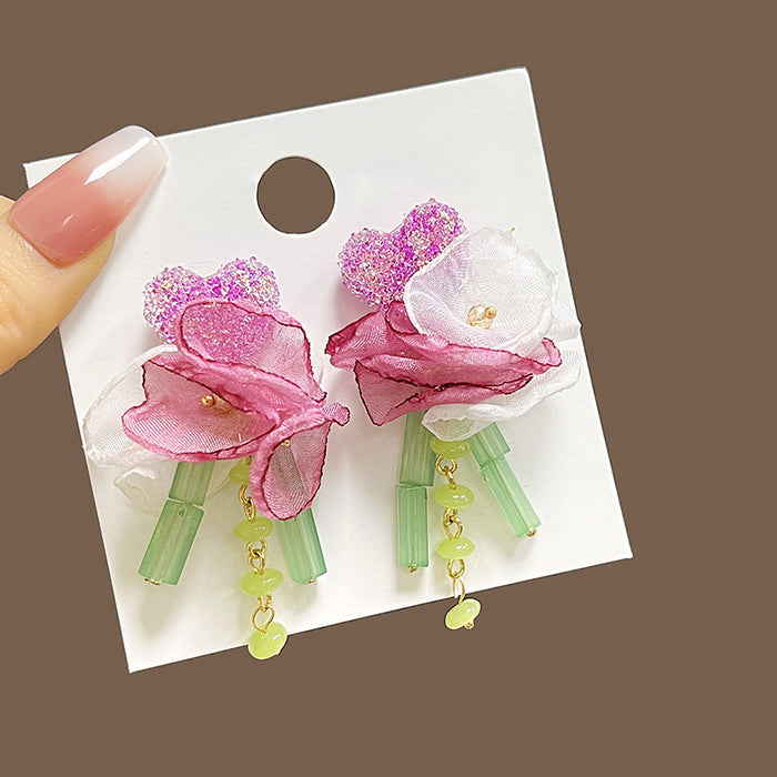 Pink White Fabric Flower and Green Tube Tassel Stud Earrings
