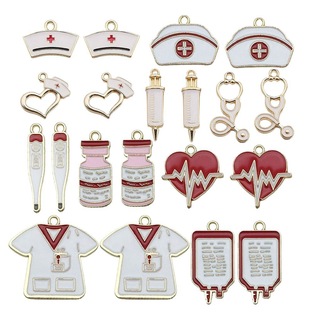 Enamel Zinc Alloy Nurse Hat Medicine Bottle Thermometer Syringe Nurse Cap Charm Pendants for DIY Jewelry
