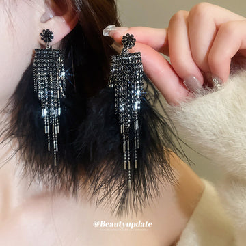 Black Feather Clip Earrings with Rhinestone Chain Tassels