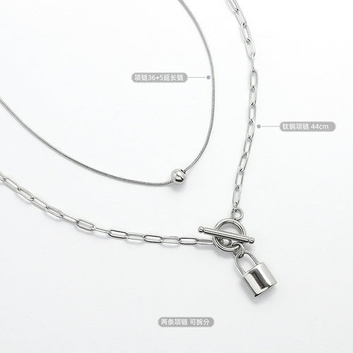 Silver sample of padlock paperclip and ball bead chains with size labels