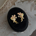 Gold Pink Enamel Flower Bouquet Leaf CZ Stud Earrings view 6