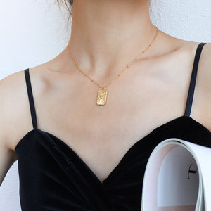 Rectangular Chrysanthemum Tag Pendant Necklace Gold Or Steel