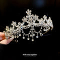 Silver Tone Floral Crystal Tiara Headband With Hanging Drops view 2
