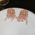 Pink Floral Pearl Tassel Stud Earrings Fashion Jewelry view 6