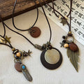 Leather Cord Star Feather Spiral Disc Pendant Necklace view 2