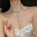 Silver Tone Crystal Bow and Pearl Fringe Collar Necklace view 3