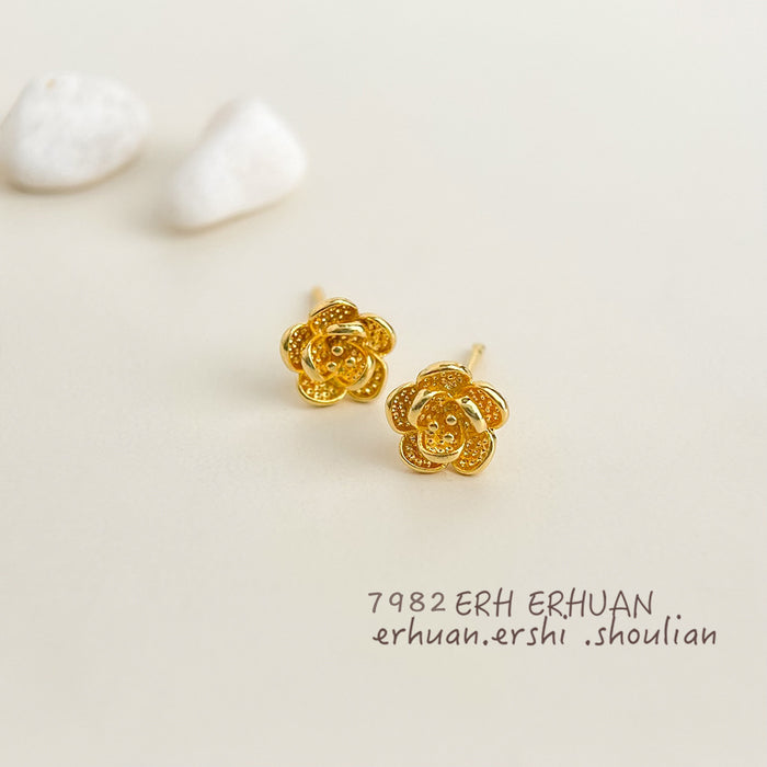 Gold Textured Rose Flower Stud Earrings Petite Bloom