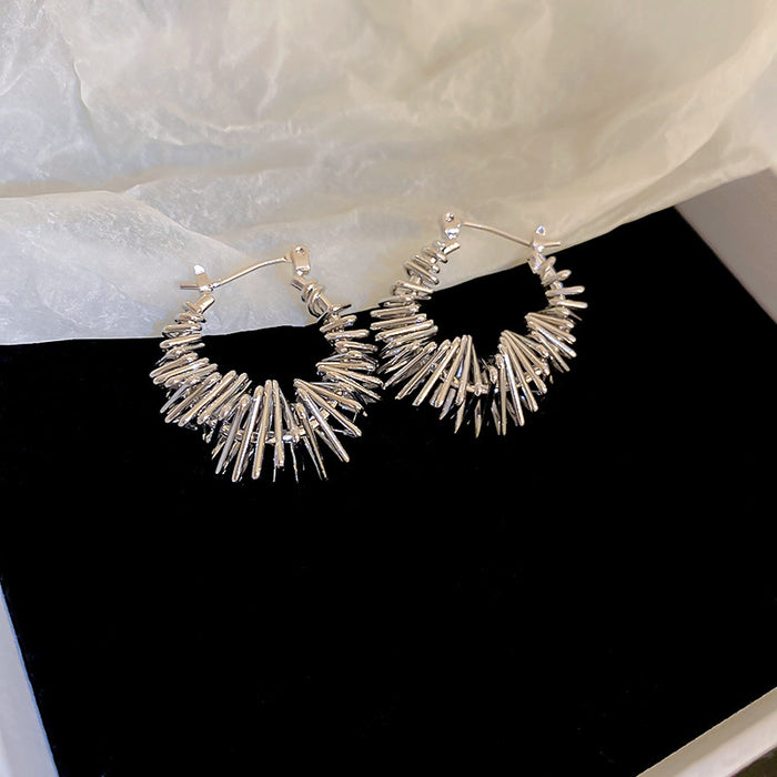 Silver Tone Crystal Fan Huggie Hoop Earrings with Polished Metal Accents