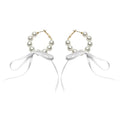 Faux Pearl Hoop Stud Earrings With White Ribbon Bows view 5
